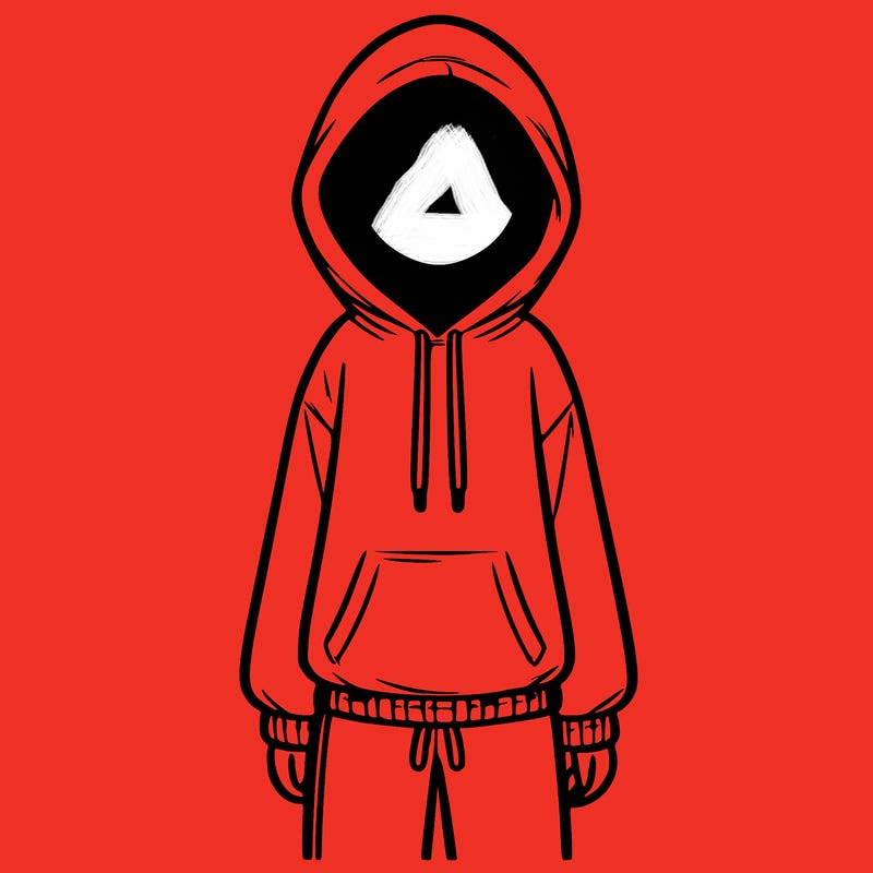 faceless girl in a tracksuit with a hood on and no hair