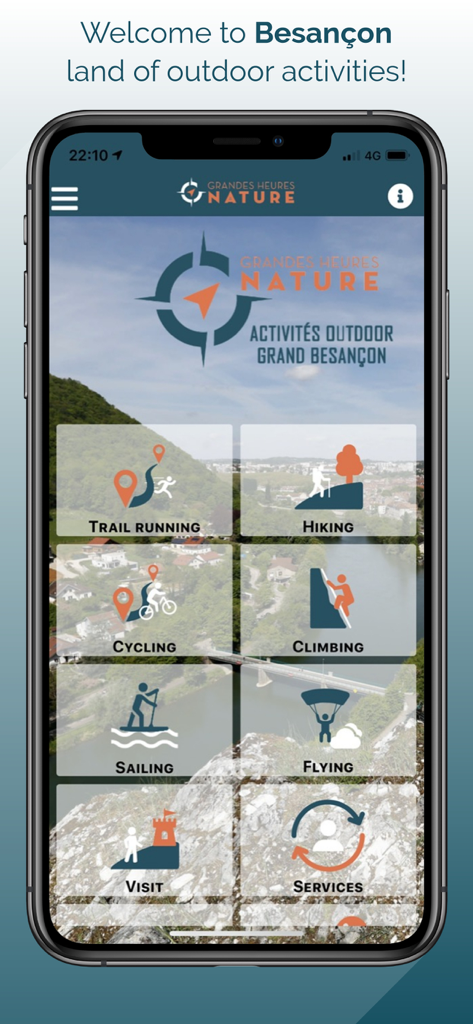 Schermata principale dell'app Besancon Grandes Heures Nature con opzioni di attività all'aperto come trail running, escursionismo e ciclismo