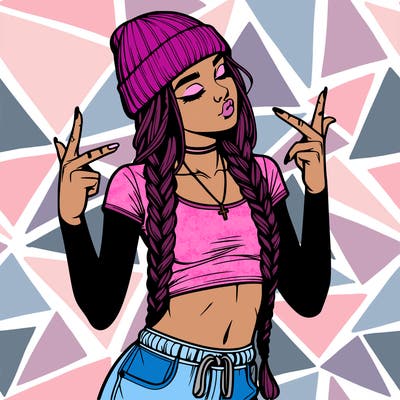 realistic teenage girl with braids and a beanie and crop top doing 🫶🏼