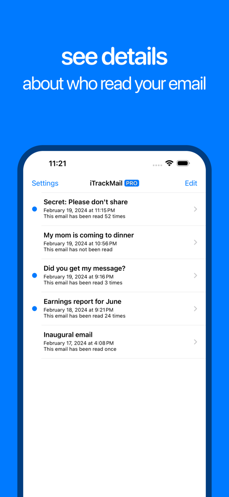 iTrackMail - Email Tracking - Interfaz de la aplicación iTrackMail mostrando una lista de correos rastreados con recuento de aperturas y marcas de tiempo
