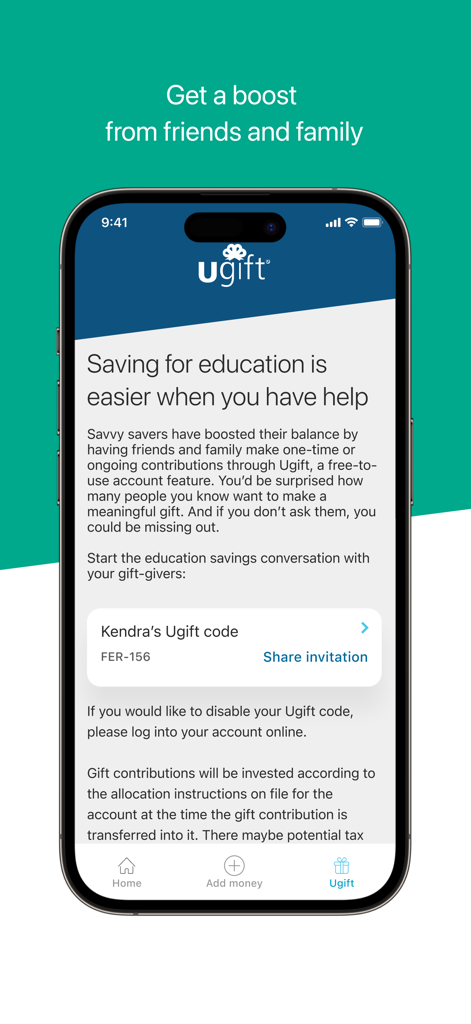 READYSAVE 529 - Tela do aplicativo READYSAVE 529 mostrando o recurso Ugift para compartilhar um código de presente de poupança universitária com amigos e familiares