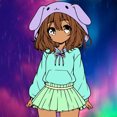 pretty anime girl wearing a fluffy hoodie with bunny ears on the hood and a skirt