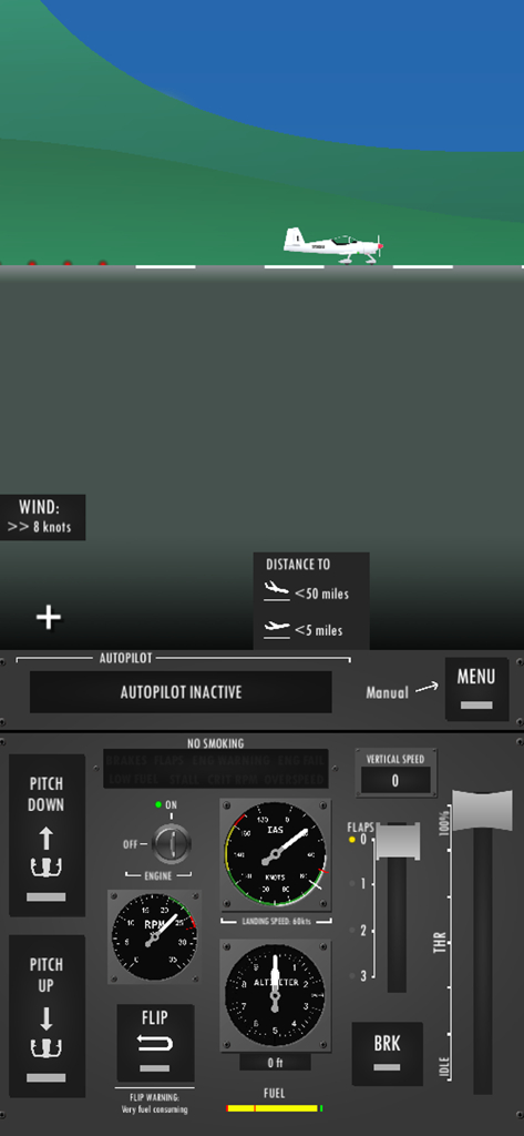 Flight Simulator 2D gameplay showing detailed aircraft cockpit instruments and a small plane on the runway