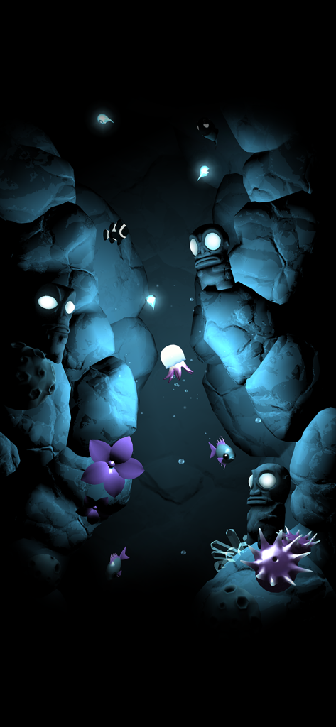 Seashine - Una medusa bioluminiscente nadando a través de una cueva submarina oscura con estatuas y plantas brillantes.