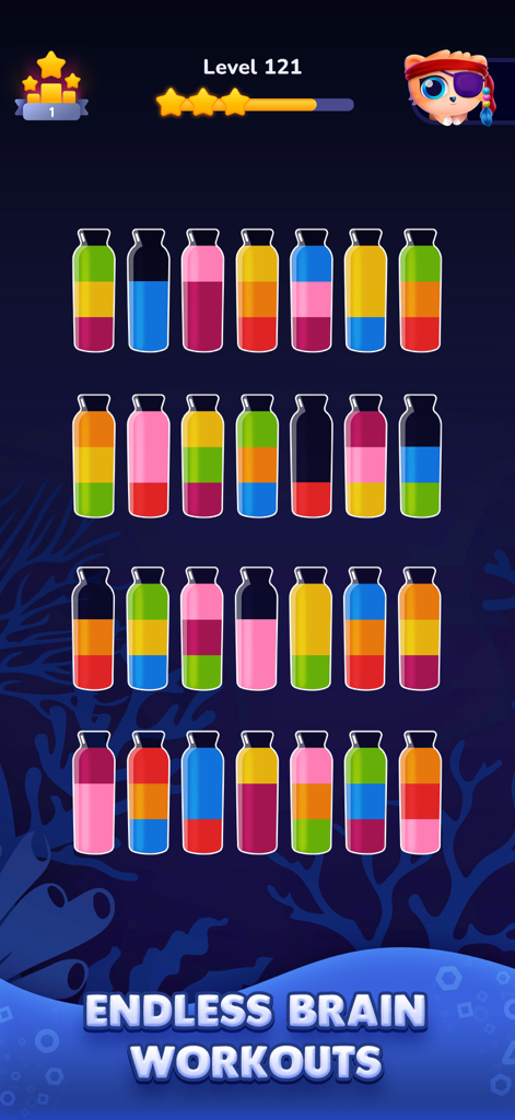 Water Sort Puzzle: Get Color - A colorful water sorting puzzle level featuring multiple flasks filled with layered liquids.