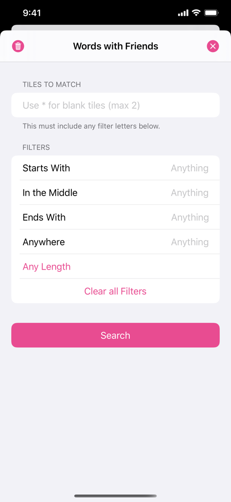 Word Hippo app search screen for word game tile matching and filters