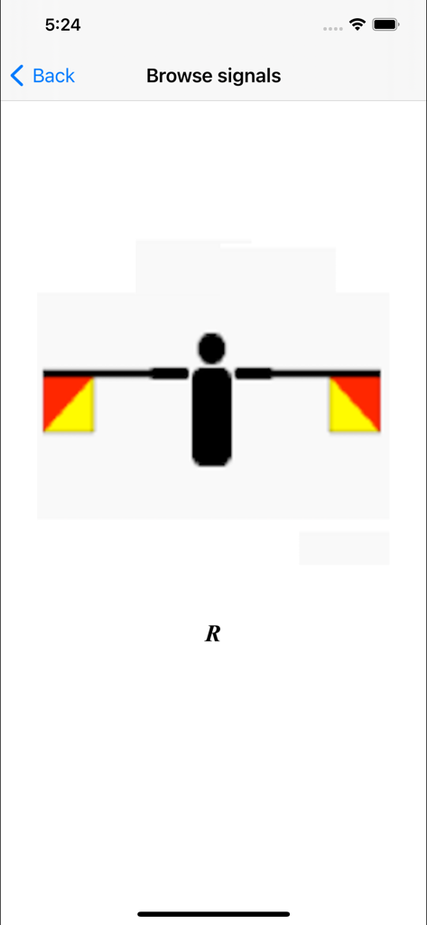 SignalLearning - SignalLearning app interface showing the semaphore flag position for the letter R