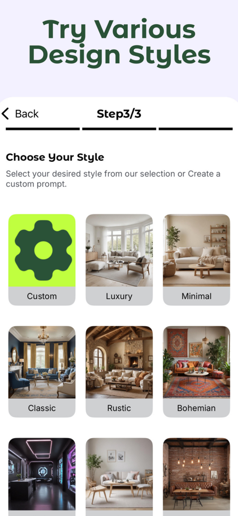 Decora AI: AI Room Designer - Decora AI app interface showing different interior design styles including Luxury, Minimal, Classic, Rustic, and Bohemian.