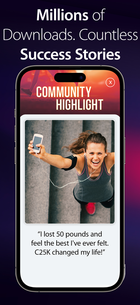 C25K® 5K Running Coach & Map - C25K app community highlight featuring a happy woman runner and her weight loss success story