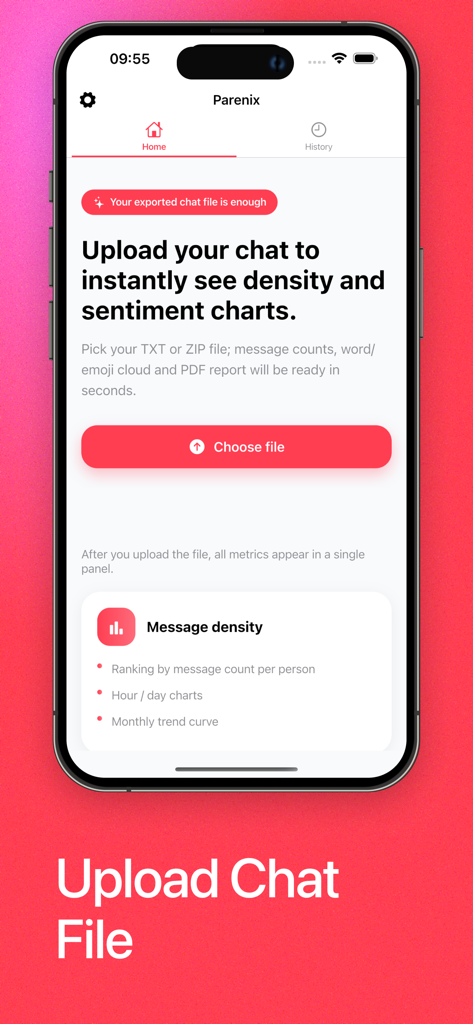 Parenix app home screen showing a button to upload chat files for message density and sentiment analysis