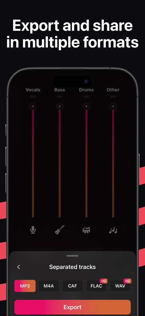 Interfaz de la aplicación Stemz que muestra pistas de audio separadas para voces, bajo y batería con opciones para exportar en formatos MP3, M4A, CAF, FLAC y WAV.