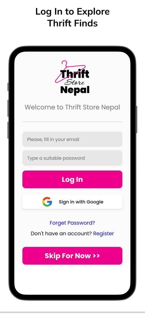 Thrift Store Nepal - Login screen for the Thrift Store Nepal mobile app featuring email and password input fields and a Google sign in option