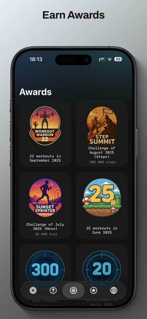 Écran de l'application de fitness affichant des récompenses de réussite numériques et des badges de défi mensuels