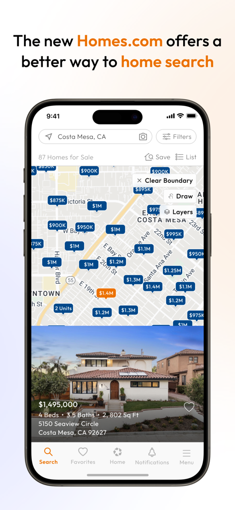 Homes.com app showing a real estate map search with home price tags and a property listing in Costa Mesa California