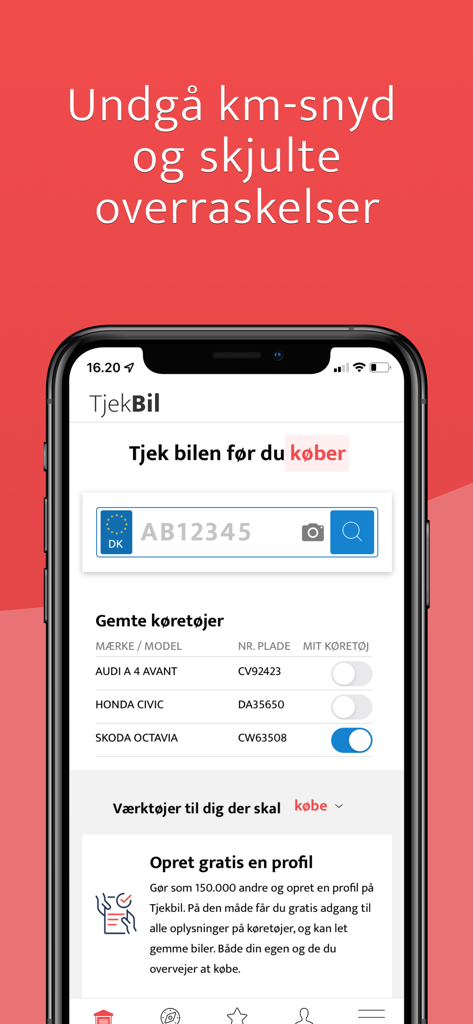 TjekBil - tjek nummerplade - TjekBil app interface showing a license plate search bar and a list of saved vehicles for history and odometer checks
