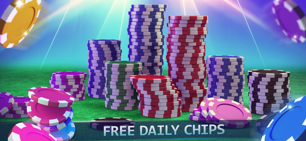 Poker Face: Texas Holdem Poker - Stacks of colorful poker chips on a green table with Free Daily Chips text