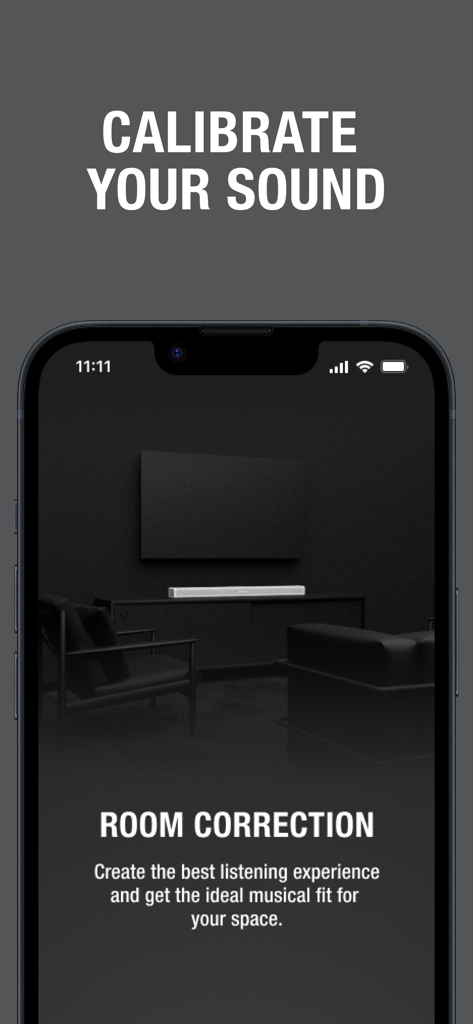 Marshall app room correction screen showing audio calibration for the HESTON soundbar in a living room setting.