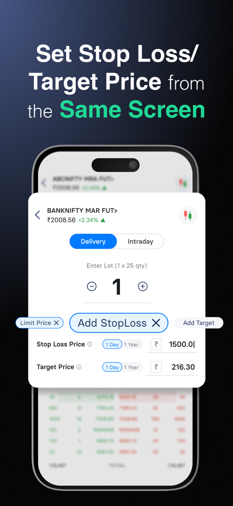 Flash Trading App by INDstocks - Interfaz de la aplicación Flash Trading para establecer stop loss y precio objetivo en una sola pantalla.