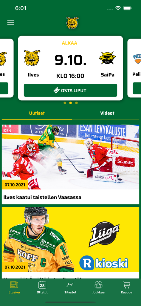 Tampereen Ilves - Tela inicial do aplicativo móvel Tampereen Ilves mostrando detalhes da próxima partida contra o SaiPa e artigos de notícias recentes.