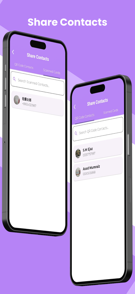 Zwei iPhone-Bildschirme, die die Share Contacts-Oberfläche der Visitenkarten-Scanner-App mit Suchoptionen für QR-Codes und gescannte Kontakte anzeigen.