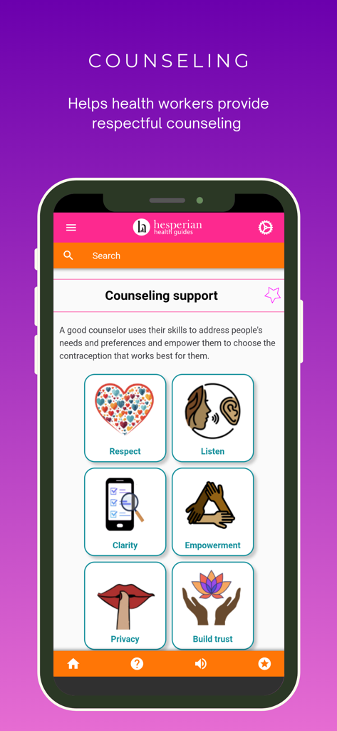 Family Planning - Family Planning app counseling support screen with icons for respect, listen, clarity, empowerment, privacy, and build trust.