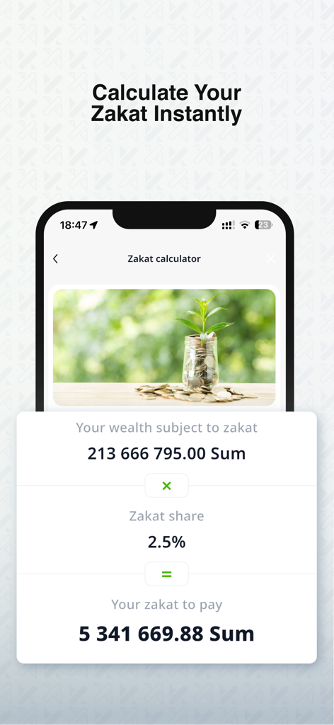 Karmon AI app screen showing a Zakat calculator for religious financial obligations