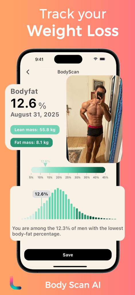 Lean AI Food & Calorie Scanner - Interface of Lean AI app showing body scan results including body fat percentage and lean mass metrics.