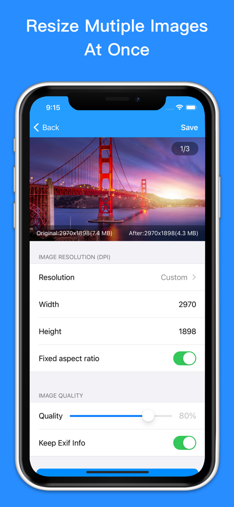 Photo Compress - Resize Image - Interface do aplicativo móvel mostrando configurações de redimensionamento de imagem em lote para várias fotos