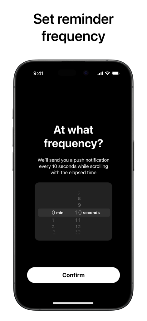 Samir: Scroll Time How Long? - Interface of the Samir app for setting the frequency of scroll time reminders