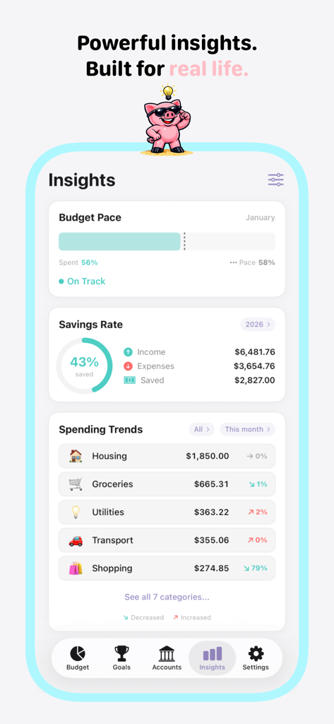 Flow: Simple Budget Tracker - Flow budget tracker app showing financial insights with budget pace, savings rate, and spending trends