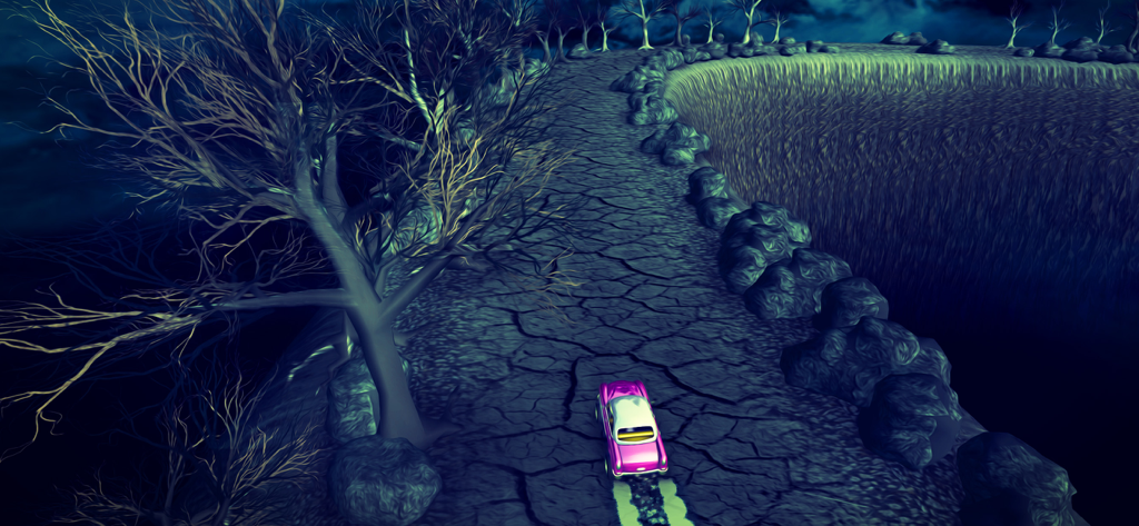 A pink vintage car driving on a narrow cracked cliff road at night