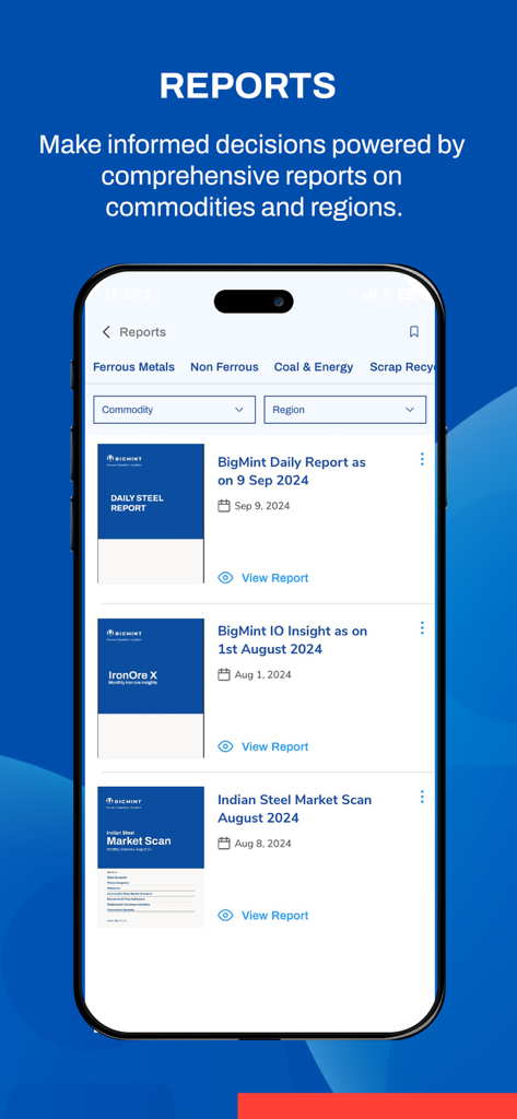 BigMint - BigMint mobile app reports screen showing commodity market insights and steel industry analysis.
