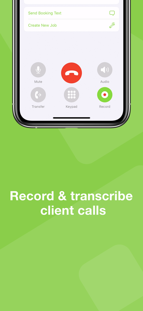 Interfaz de la aplicación ServiceM8 Phone que muestra una llamada en curso con opciones para grabar y transcribir llamadas de clientes.