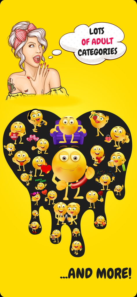 AdultMoji app screenshot showing a pin-up style woman and a variety of adult emojis and stickers inside a heart shape.