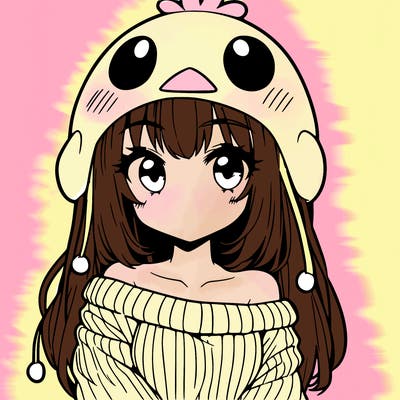 anime girl with chick shaped hat with sweater with bare shoulders with bangs covering them one eye with low tail