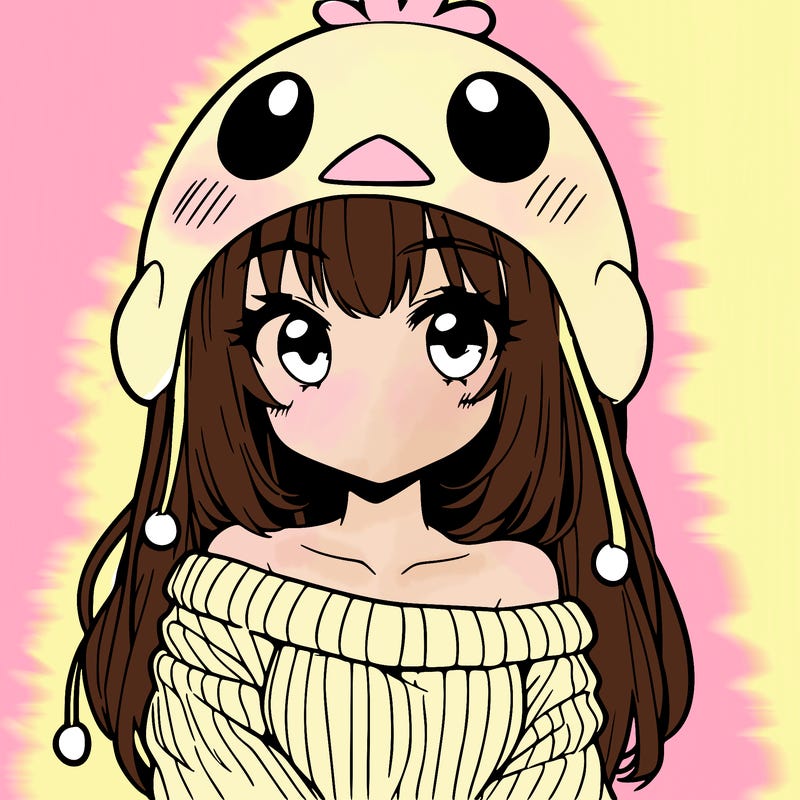 anime girl with chick shaped hat with sweater with bare shoulders with bangs covering them one eye with low tail