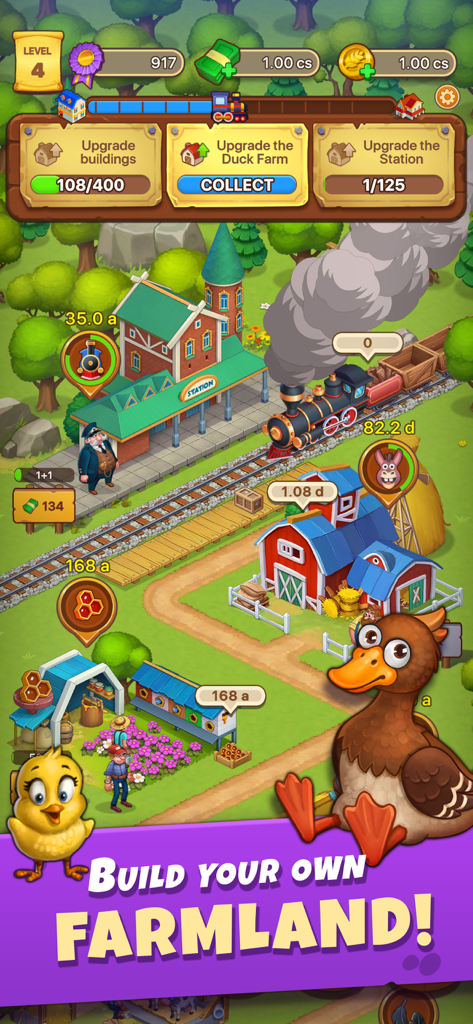 Idle Farmer: Farm Tycoon Games - Cartoon farm gameplay showing a train station, beehives, and cute animals with the text Build your own farmland