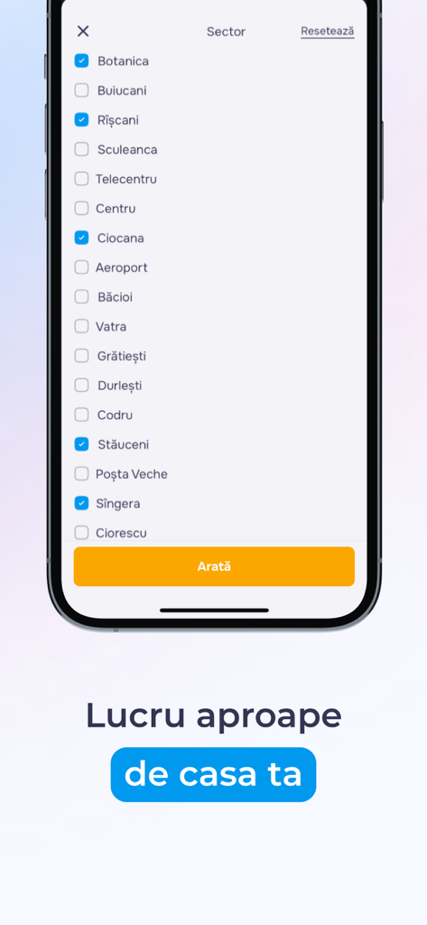 Lucru.md - Mobile app screen for filtering job vacancies by sector and neighborhood in Moldova