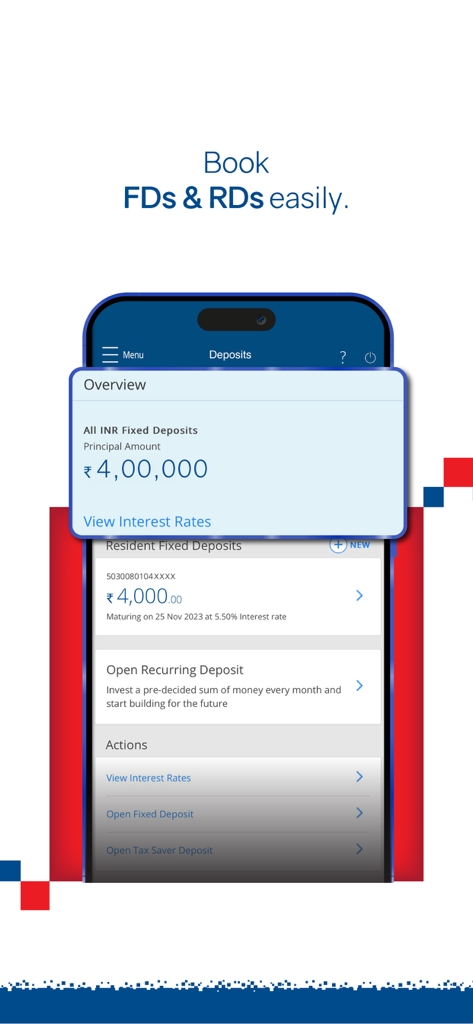HDFC Bank mobile app screen for booking and managing fixed and recurring deposits