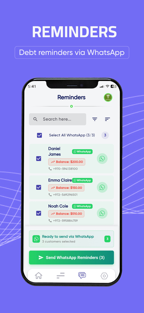 Debt System mobile app screen showing a list of clients and the option to send automated debt reminders via WhatsApp