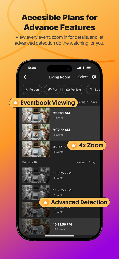 Alfred Home Security Camera app displaying eventbook viewing, 4x zoom, and advanced detection features on a smartphone screen.