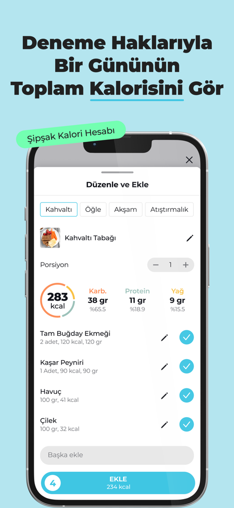 Tela de smartphone mostrando o aplicativo Diyetkolik com registro de refeição de café da manhã, contagem de calorias e macronutrientes