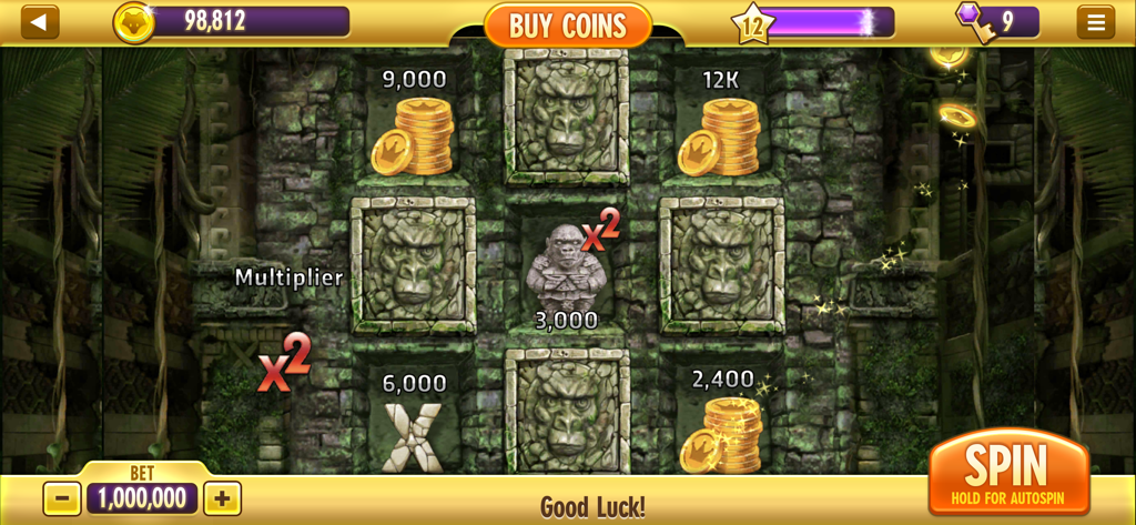 Buffalo Bonus Casino - A jungle themed slot machine interface in Buffalo Bonus Casino featuring gorilla symbols and coin rewards