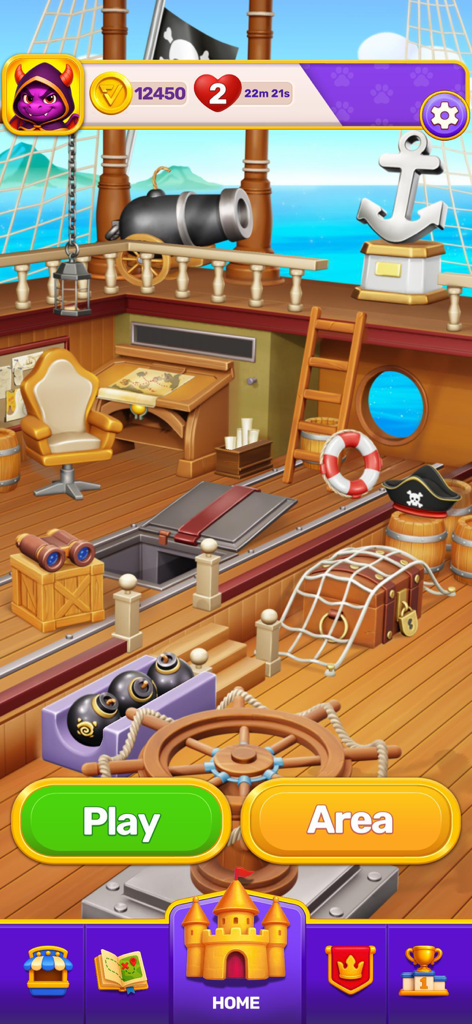 Menú principal del juego Roy Story mostrando la cubierta de un barco pirata y botones de navegación