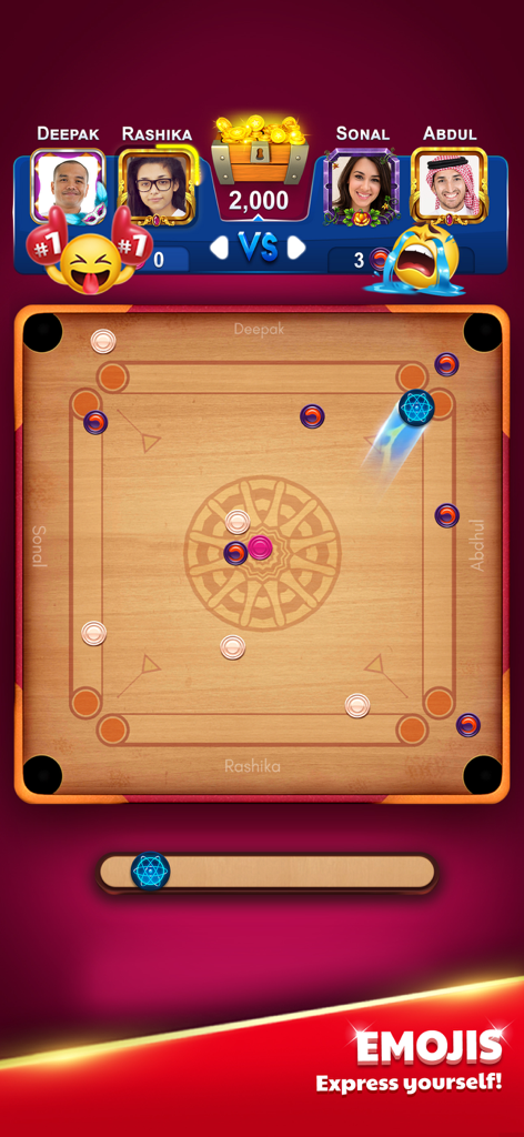 Carrom King gameplay showing a 2v2 team match with interactive player emojis