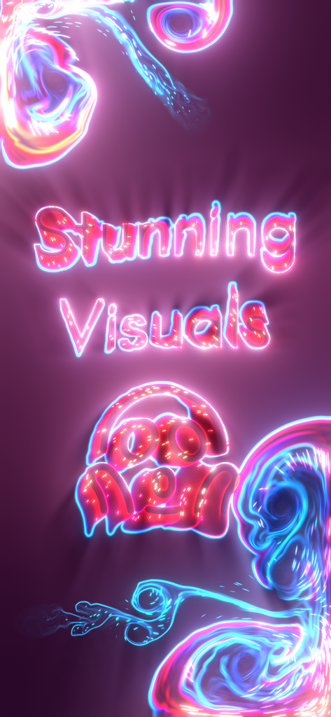 Fluid Simulation - Remolinos de fluidos de color rosa neón y azul con el texto Visuales Impresionantes para el alivio del estrés.