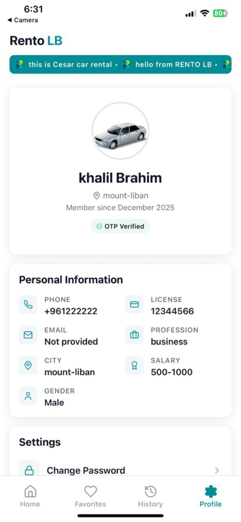 Rento LB - Rento LB 앱의 사용자 프로필 화면, 개인 정보 및 계정 설정 표시