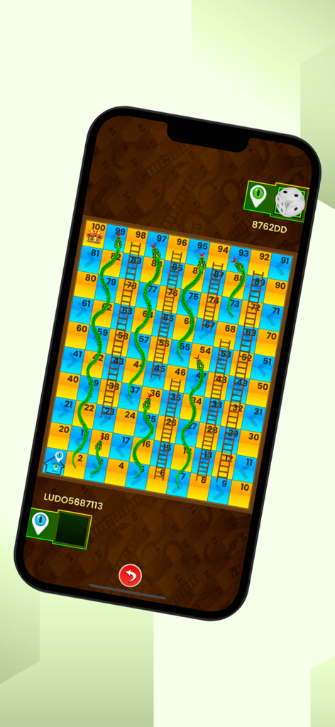 Ludo Jungle - A mobile screen showing a Snakes and Ladders board game layout within the Ludo Jungle app