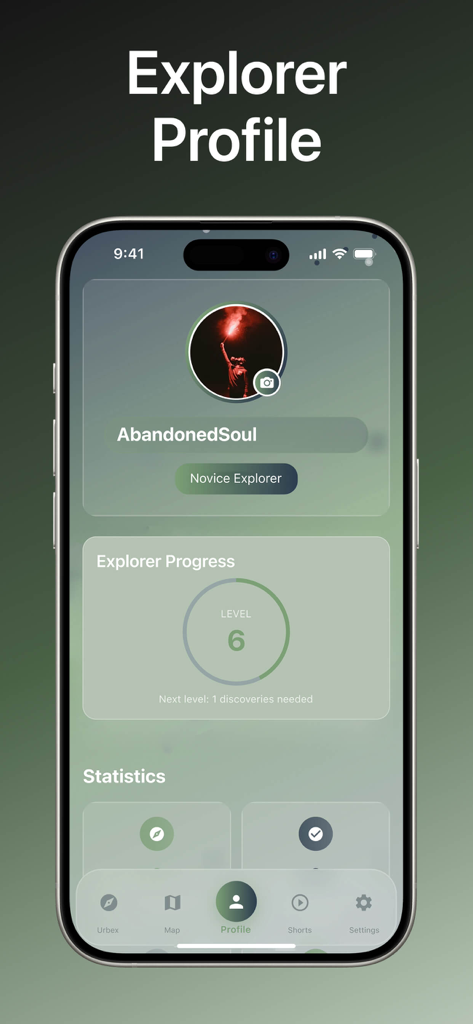 Écran de profil d'explorateur dans l'application Urbex Abandoned World affichant le niveau de l'utilisateur et les statistiques d'exploration.