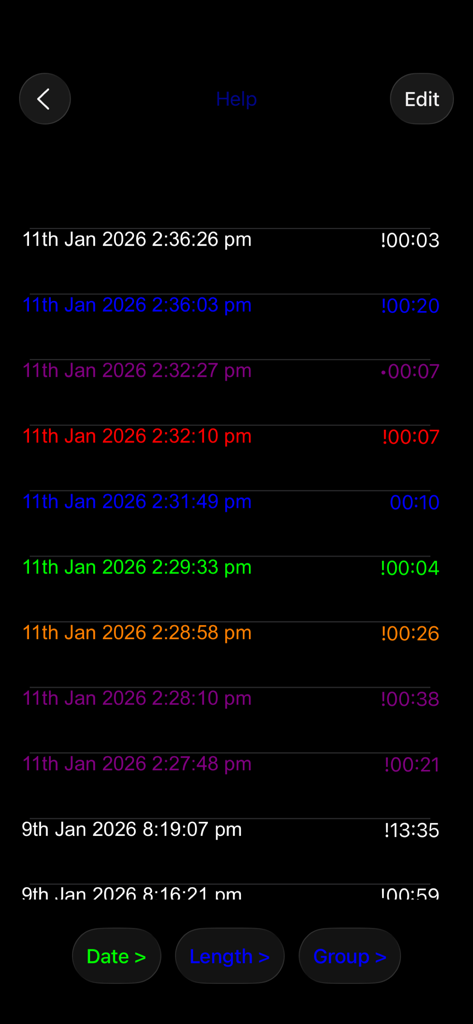 Audio Recorder with Trigger - Une liste d'enregistrements audio organisés en groupes de couleurs